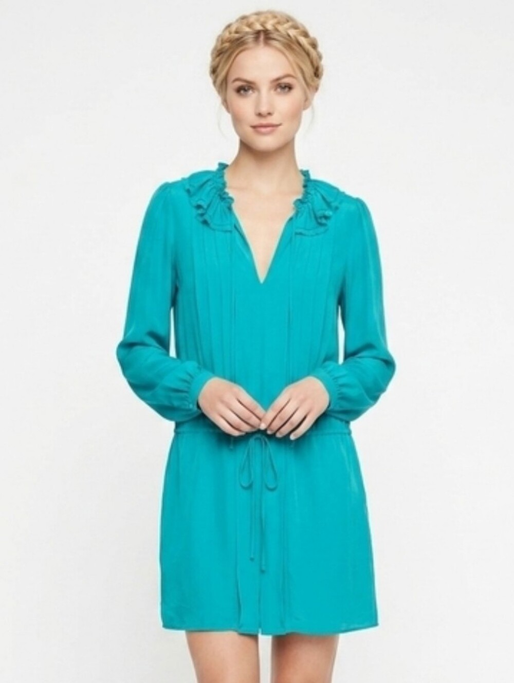 ​BCBGMAXAZRIA 100% Silk Ruffle V-Neck Drop Waist Mini Dress - Teal -  XS
